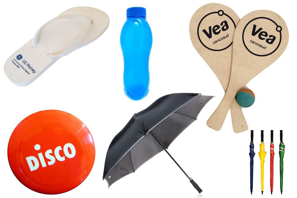 Abanicos, Almohadillas Inflable, Botellas, Estacas Lona, Frisbees, Discos de Playa, Jaboneras, Lonas, Ojotas, Paletas, Paraguas, Parasoles, Toallas